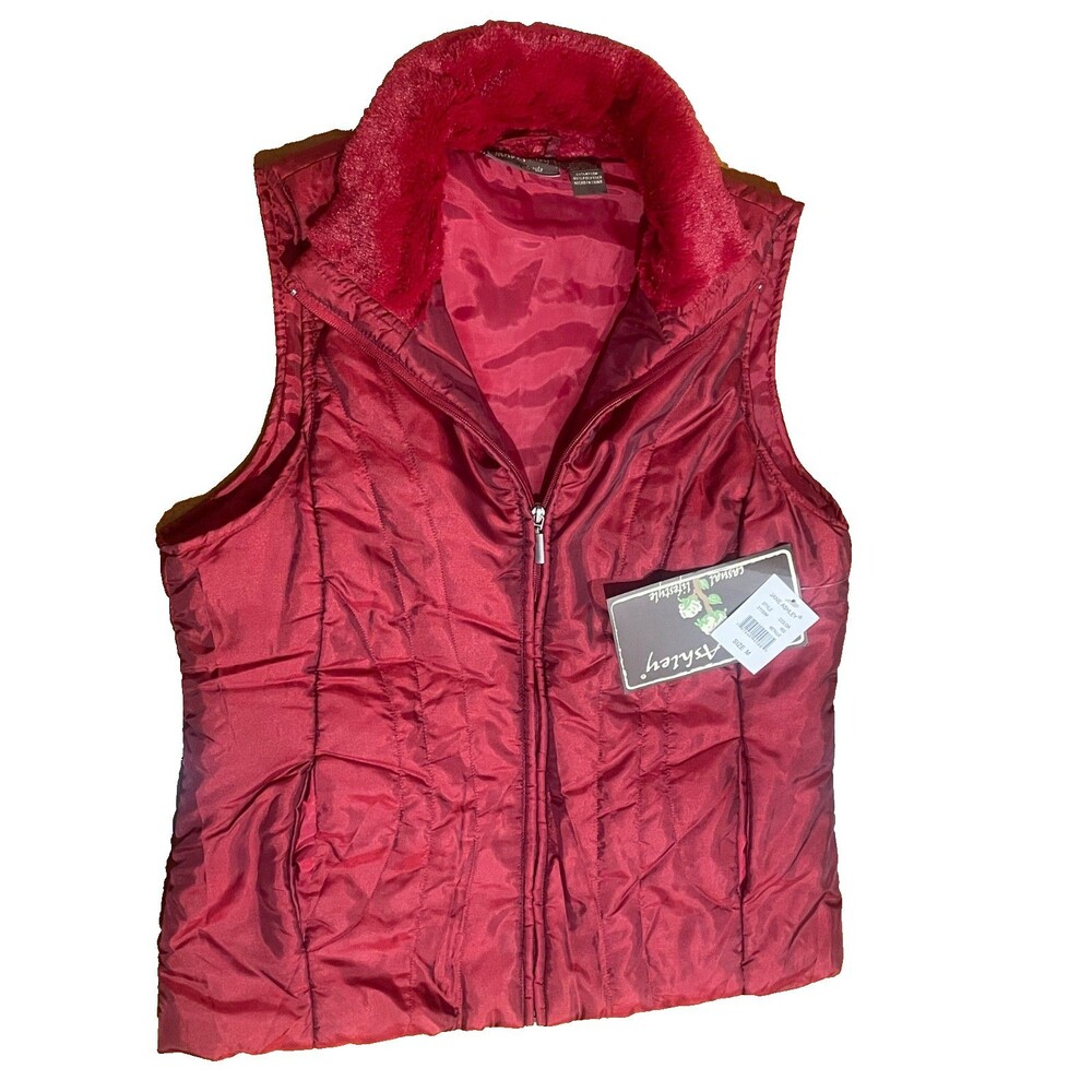 Jane Ashley Red Metallic Quilted Vest Faux Fur Womens Medium Ski Lodge Romantic